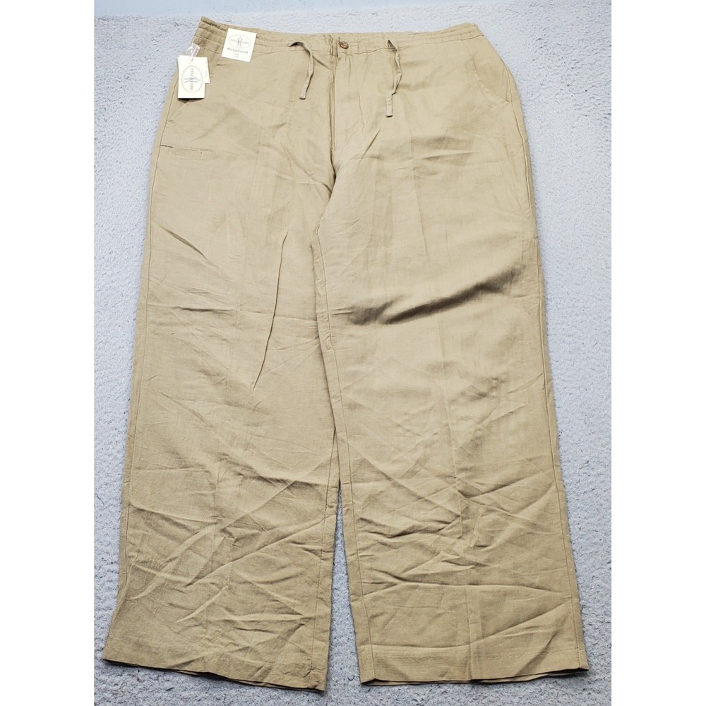 Linea Uomo Pants Mens 42x30 Tan Straight Wide Leg Linen Blend Drawstring Waist